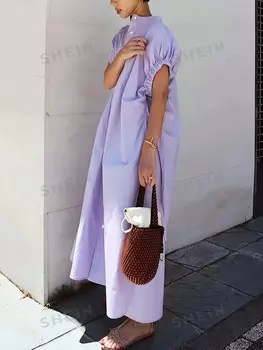 LUNE Классический летний Комплект с юбкой, рукава «летучая мышь», Однотонный, однобортный. Для специальных размеров Shein, фиолетовый
