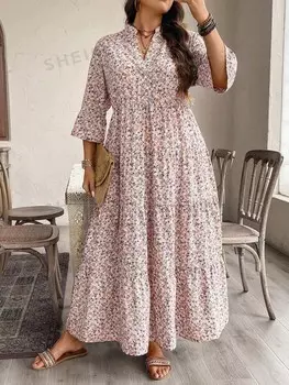 LUNE Комбинация розового 4-слойного кукольного платья размера плюс с цветочным принтом и платья длиной до пола Shein, розовый