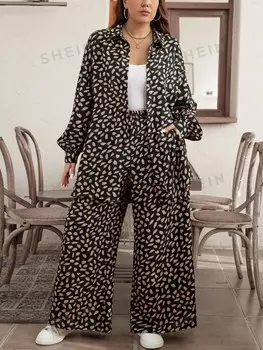 LUNE Комплект из двух предметов: рубашка на пуговицах с длинными рукавами и брюки с принтом, большой размер Shein, мультиколор