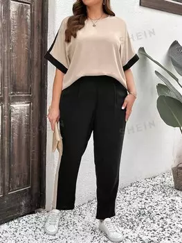 LUNE Комплект из рубашки и брюк Блок-цвет с лоскутным шитьем, рукава «летучая мышь», удобная посадка на весну/осень. Для обладательниц крупной фигуры Shein, мультиколор