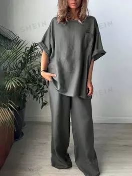 LUNE Комплект рубашки с длинными рукавами и круглым вырезом и широкие брюки, однотонная ткань, 2 шт