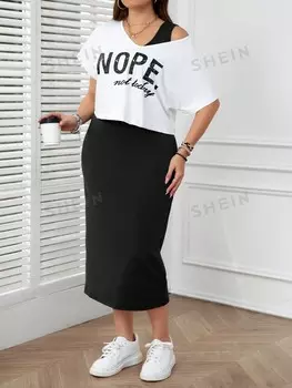 LUNE Комплект женской одежды из 2 предметов больших размеров Рубашка с принтом, асимметричным вырезом и однотонной юбкой без рукавов Shein, черный