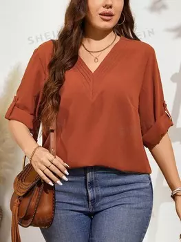 LUNE Коричневая блузка больших размеров, V-образный вырез, многослойный дизайн с регулируемыми манжетами, повседневный летний вариант Shein, коричневый