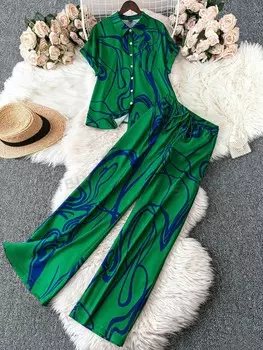 LUNE Летний комплект больших размеров из однобортной рубашки с короткими рукавами и повседневных брюк Shein, зеленый