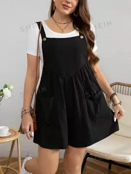 LUNE Летний повседневный однотонный плиссированный комбинезон больших размеров с двойными карманами Shein, черный