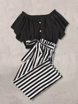 LUNE, Летняя повседневная однотонная рубашка больших размеров с короткими рукавами и брюки в стиле колор-блок, комплект из двух предметов Shein, мультиколор