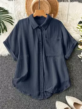 LUNE Летняя повседневная рубашка больших размеров с короткими рукавами и воротником Застежка на пуговицы спереди и карманы Shein, темно-синий