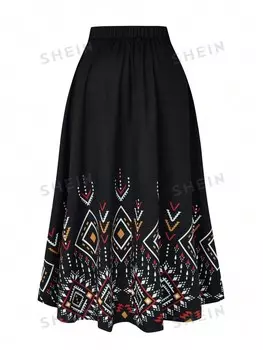 LUNE Летняя юбка больших размеров с геометрическим принтом больших размеров Shein, черный