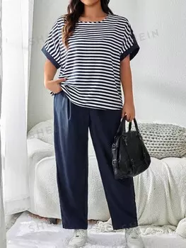 LUNE: Линия Женской одежды больших размеров На осень: рубашка в полоску и с принтом, брюки, комплект из 2 предметов, форма учителя. Одежда для женщин Shein, мультиколор