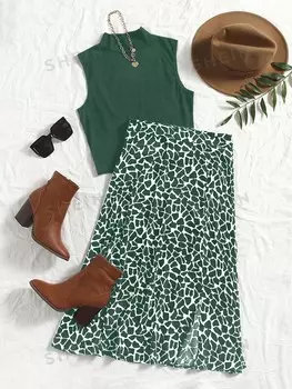 LUNE Майка и юбка, однотонная, с принтом, с высоким воротником Shein, зеленый