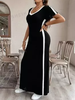 LUNE Матросское платье больших размеров, короткие рукава, разрезы по бокам, V-образный вырез, Облегающий крой, стиль Paris Games Shein, черный