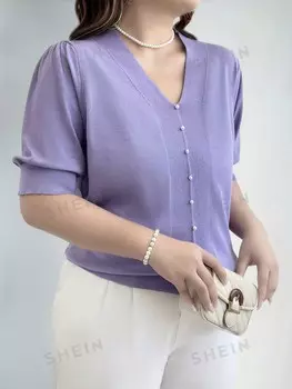 LUNE Одежда с V-образным вырезом, короткие рукава, пышные концы, большой размер, однотонная юбка, трикотаж, для лета Shein, пастельно-фиолетовый