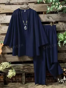 LUNE, Однотонная повседневная одежда больших размеров, кардиган с длинными рукавами и брюки, комплект из 2 предметов Shein, темно-синий