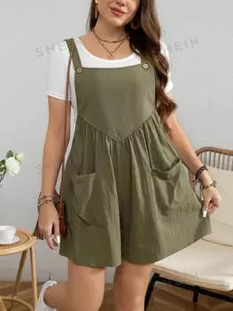 LUNE Однотонный комбинезон больших размеров с двойными карманами Shein, темно-зеленый