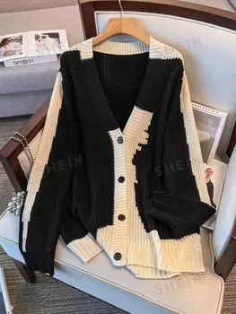 LUNE Открытый кардиган Украшен асимметричными цветными блоками, стильный стиль, очень большой размер Shein, черный