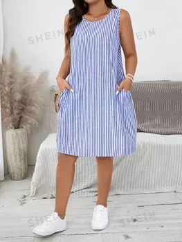 LUNE Платье без рукавов в вертикальную полоску с карманами больших размеров Shein, синий/белый