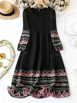 LUNE Платье больших размеров, геометрический принт, выкройка Shein, черный