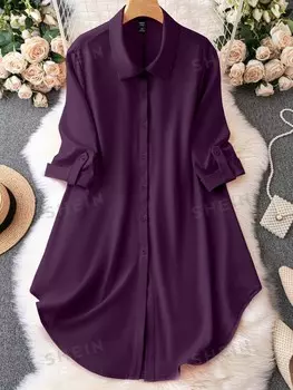 LUNE Платье больших размеров, Однотонное, с пуговицами спереди, с закругленным краем Shein, фиолетовый