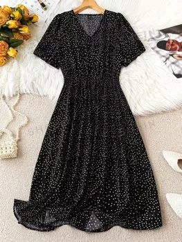 LUNE Платье больших размеров, узор в горошек, завязка на талии Shein, черный