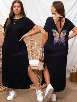 LUNE Платье размера плюс с перекрестным принтом бабочки на спине и высоким разрезом по подолу Shein, черный