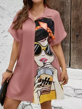 LUNE Платье-рубашка на пуговицах, большой размер, портретный принт, для девочек Shein, розовый