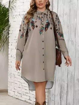 LUNE Платье с Длинными рукавами и узором из перьев для женщин больших размеров Shein, хаки