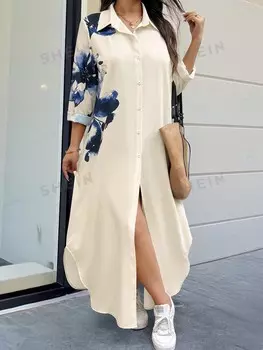 LUNE Платье с Длинными рукавами, случайный принт, большой размер Shein, абрикосовый