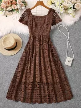 LUNE Платье с короткими рукавами грудь квадратная Есть сетчатая панель. для дам Shein, коричневый