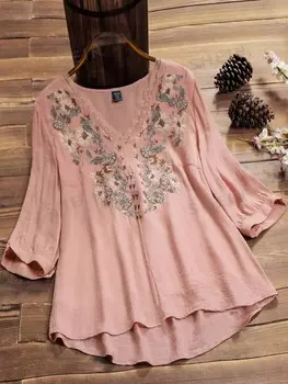 LUNE Plus Блузка с цветочной вышивкой и рукавами-фонариками Shein, розовый