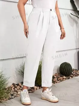 LUNE Plus Брюки, плиссированные детали, подогнутая нижняя часть брючин Shein, белый