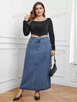LUNE Плюс Джинсовая юбка с высокой талией и диагональными карманами Shein, синий