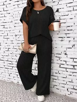 LUNE Плюс футболка с рукавами «летучая мышь» и широкие брюки Shein, черный