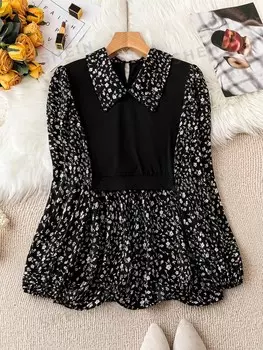 LUNE Плюс контрастный топ из гальки, мелкий цветочный узор, рукава-фонарики, 2 в 0 Shein, черный