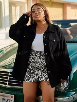 LUNE Plus Куртка, заниженные плечи, карманы с клапанами, вельвет Shein, черный