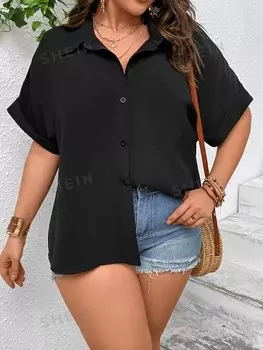 LUNE Plus Лоскутная рубашка, карман, рукава «летучая мышь» Shein, черный