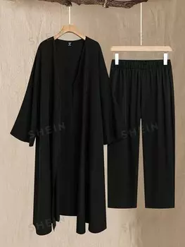 LUNE Plus Однотонное пальто и брюки с открытой передней частью Shein, черный