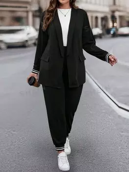 LUNE Плюс Полосатое пальто, воротник-банан и брюки Shein, черный