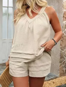 LUNE Плюс размер для отдыха и отпуска, однотонный топ с бретелькой на шее и шорты, комплект из двух предметов Shein, абрикосовый