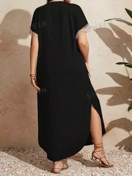 LUNE Плюс Размер Макси Платье Женская Мода Лето Кружева С Коротким Рукавом Shein, черный