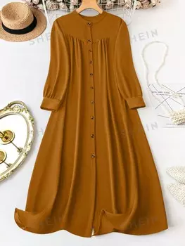 LUNE Плюс размер с круглым вырезом, на пуговицах, с Длинными рукавами, Однотонное, простое, свободное, удобное, элегантное, нежное платье Shein, желтый