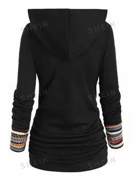 LUNE Плюс размер Женская футболка с длинным рукавом и капюшоном в стиле пэчворк с геометрическим принтом Повседневная весна/лето Shein, черный