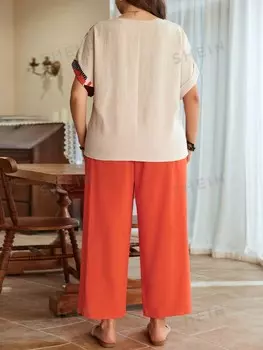 LUNE Плюс Размер Женская летняя футболка с цветным принтом и длинные брюки комплект Shein, мультиколор