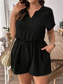 LUNE Плюс Размер Женская мода однотонный комбинезон с короткими рукавами и v-образным вырезом Shein, черный
