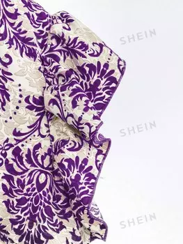 LUNE Плюс Размер Женская праздничная укороченная рубашка с рукавами и шляпой с принтом и свободные широкие брюки Повседневный комплект из двух предметов Shein, фиолетовый