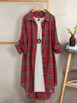 LUNE Плюс Размер Женская весна и осень Свободная клетчатая рубашка с длинным рукавом с закатанными манжетами Shein, красный