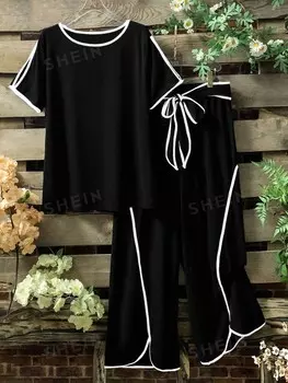 LUNE Плюс размер Женский летний свободный комплект из двух предметов с круглым вырезом и открытыми плечами Короткие рукава и широкие брюки с узлом на талии Shein, черно-белый