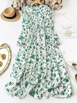 LUNE Плюс Размер Женское модное платье с цветочным принтом и Длинными рукавами Shein, зеленый