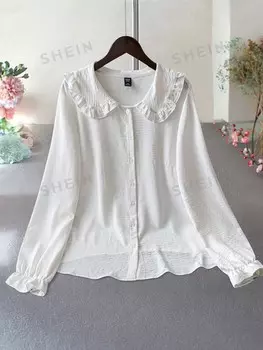 LUNE Plus Рубашка с воротником Питера Пэна и развевающимися рукавами Shein, белый
