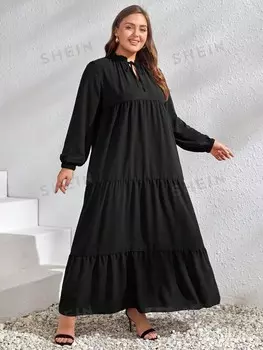 LUNE Plus Свободное платье, завязывающийся воротник, рюши/рюши по низу Shein, черный