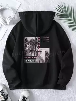 LUNE Plus Теплая толстовка с надписью и строительным узором, карман-кенгуру, шнурок Shein, черный